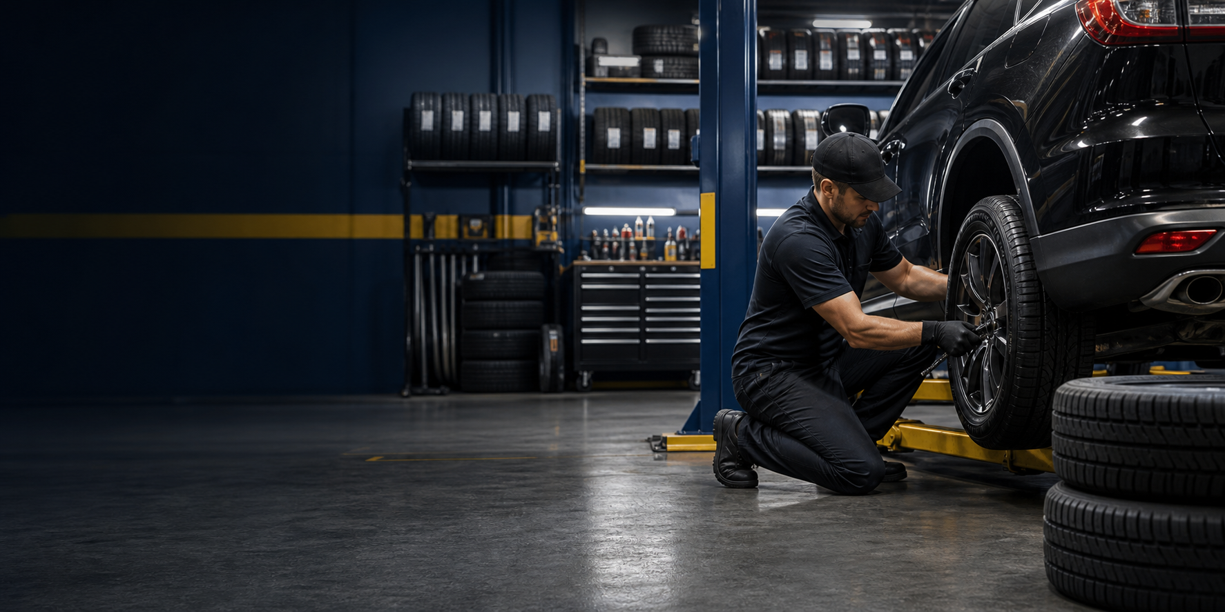 A clean tire shop garage with a vehicle service bay