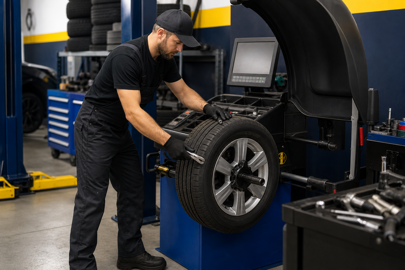Mechanic working on tire balancing and repair service