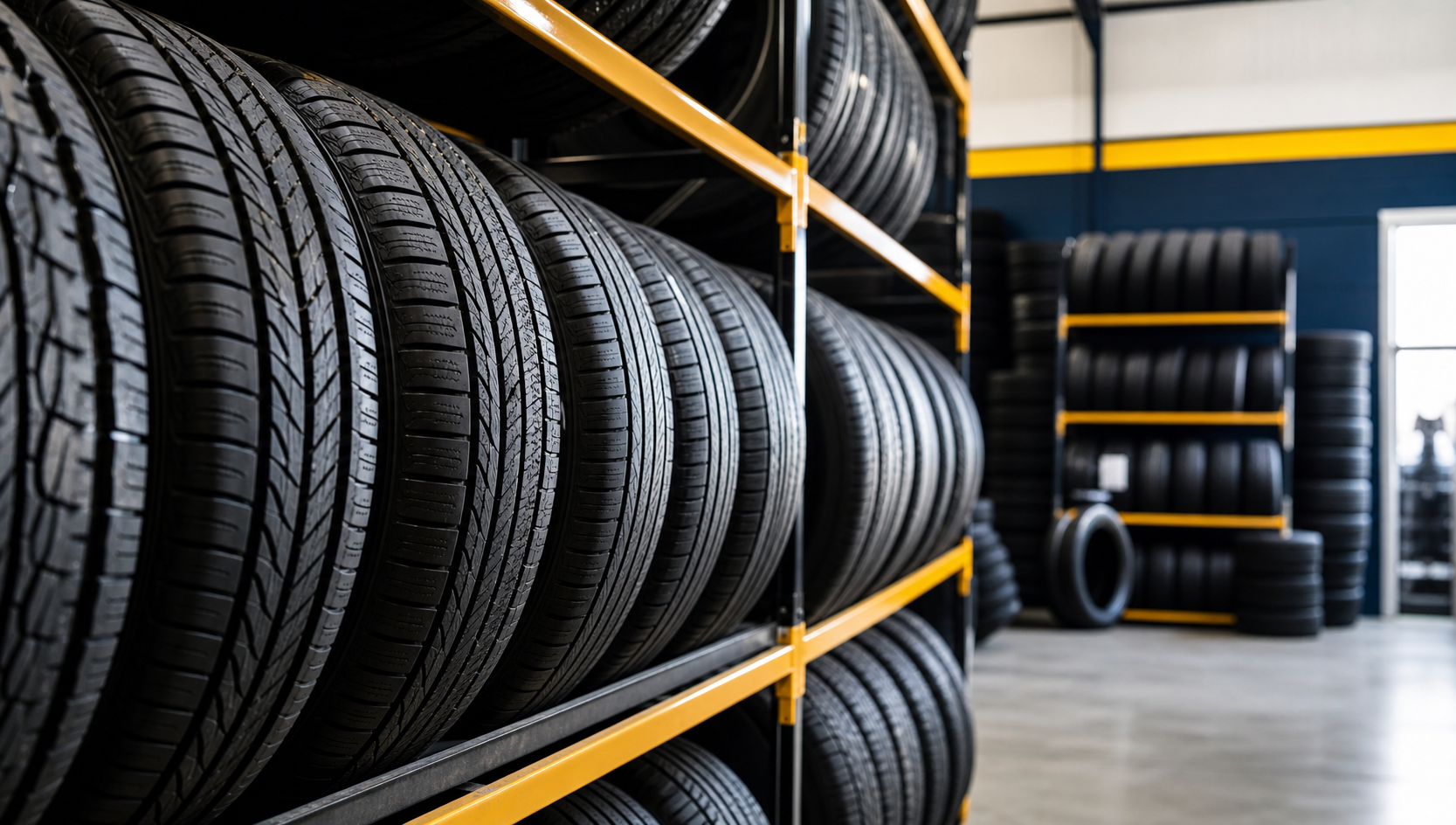 Organized tire inventory on shop racks